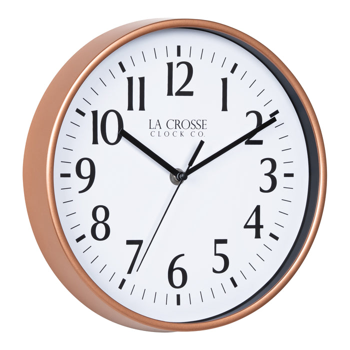 Right facing image of the 404-3025C 10-inch Basic Decor Wall Clock with a Copper frame, white dial, black numbers, hour, minute, and second hands