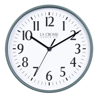 404-3025G 10-inch Basic Decor Wall Clock with Sage Green frame, white dial with black numbers and hour, minute, and second hands