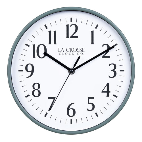 404-3025G 10-inch Basic Decor Wall Clock with Sage Green frame, white dial with black numbers and hour, minute, and second hands