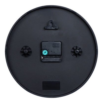 Back image of the 404-3025 10-inch Basic Decor Wall Clock showing the hanging hole for mounting, easy set teal time wheel, the La Crosse Clock Quartz movement with battery compartment