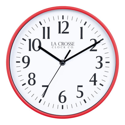 404-3025R 10-inch Basic Decor Wall Clock with Red frame, white dial with black numbers and hour, minute, and second hands