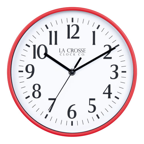 404-3025R 10-inch Basic Decor Wall Clock with Red frame, white dial with black numbers and hour, minute, and second hands