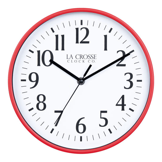 404-3025R 10-inch Basic Decor Wall Clock with Red frame, white dial with black numbers and hour, minute, and second hands