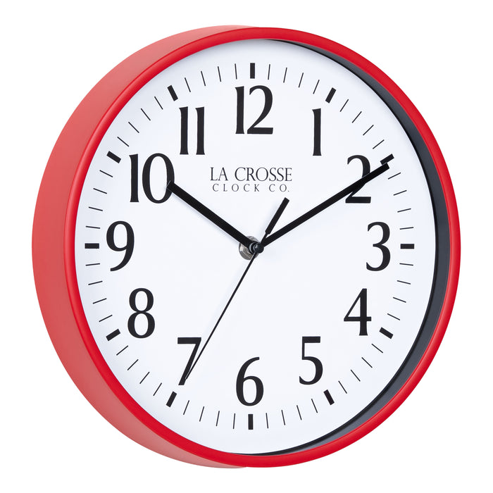 Right facing image of the 404-3025R 10-inch Basic Wall Clock - Red featuring a red frame, with a white dial, black numbers, hour, minute, and second hands.
