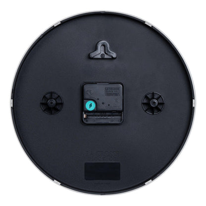 Back image of the 404-3025R 10-inch Basic Decor Wall Clock showing the hanging hole for mounting, easy set time wheel, the Quartz movement with battery compartment