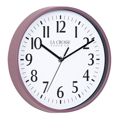 Right facing image of the 404-3025RR 10-inch Basic Decor Wall Clock with a Ruby Red Rose frame, white dial, black numbers, hour, minute, and second hands