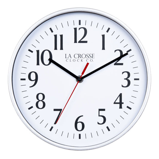 404-3025S 10-inch Basic Decor Wall Clock with a Silver metallic finish frame, white dial with black numbers, hour, and minute hands, and a red second hand