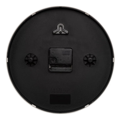 Back image of the 404-3025W 10-inch Basic Decor Wall Clock showing the hanging hole for mounting, easy set time wheel, the Quartz movement with battery compartment