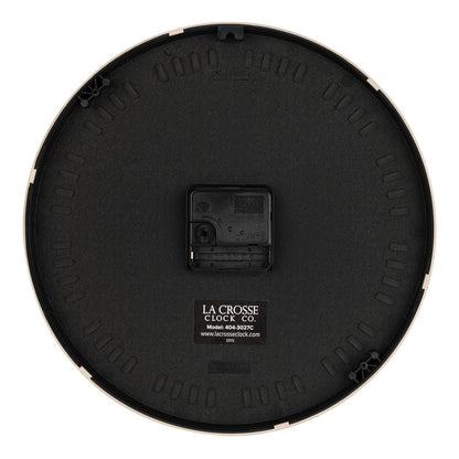 Back image of the 404-3027C Portside eleven inch wall clock showing the battery compartment and a La Crosse Clock quartz movement