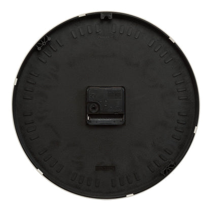 Back image of the 10.8-inch Atwood wall clock showing the battery compartment, quartz movement, and the hanging hole.