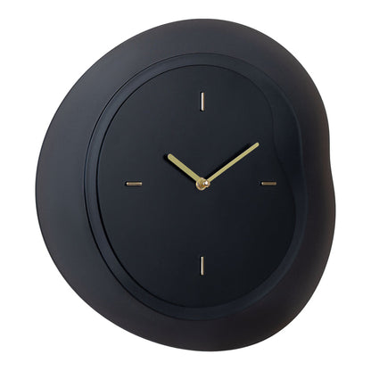 Right-facing image of the 404-3039B 15.2-inch Drift Wall Clock – Black. The clock features an open face multi-layered design with drifting contours, metal hands, and raised number markings in a brass finish.