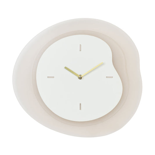 Head-on image of the 404-3039T 15.2-inch Drift Wall Clock – Tan. The clock features an open face multi-layered design with drifting contours, metal hands, and raised number markings in a brass finish.