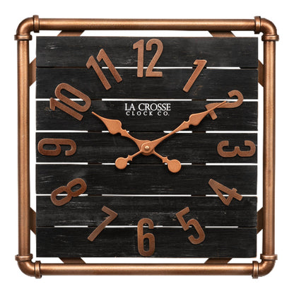 Head-on image of the 404-3412D 16-inch Foundry Metal & Wood Wall Clock - Dark. The clock features a square metal pipe frame in a copper finish, a black-stained wood slat clock face with copper-finished metal numbers and hands.