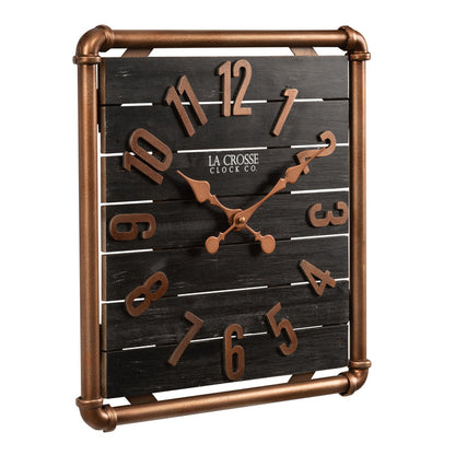 Right-facing image of the 404-3412D 16-inch Foundry Metal & Wood Wall Clock - Dark. The clock features a square metal pipe frame in a copper finish, a black-stained wood slat clock face with copper-finished metal numbers and hands.