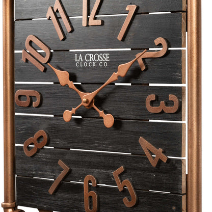 Close-up frame image of the 404-3412D 16-inch Foundry Metal & Wood Wall Clock - Dark. The clock features a square metal pipe frame, stained wood slats, and metal pewter finish accents.