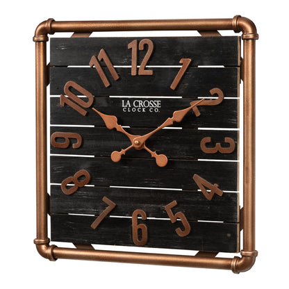 Left-facing image of the 404-3412D 16-inch Foundry Metal & Wood Wall Clock - Dark. The clock features a square metal pipe frame in a copper finish, a black-stained wood slat clock face with copper-finished metal numbers and hands.