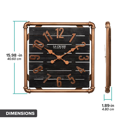 Dimension image in inches and centimeters of the 404-3412D 16-inch Foundry Metal & Wood Wall Clock - Dark. The clock features a square metal pipe frame, stained wood slats, and metal copper-finish accents. The clock is 15.98 inches square and 1.89 inches deep.