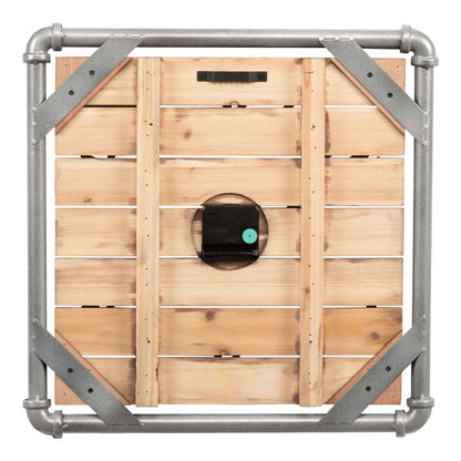 Back image of the 404-3412L 16-inch Foundry Metal & Wood Wall Clock - Light, showing the wood slats, the pipework, the battery compartment, the quartz movement, and the metal sawtooth hanger in a square frame.
