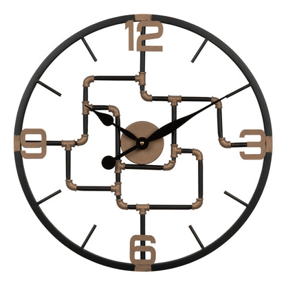 Head-on image of the 404-3420 20-inch Pipeworks Metal Wall Clock featuring an open face dial with a weathered bronze and antique brass finish pipe framework, black decorative metal hour and minute hands, and antique brass numbers at 3, 6, 9, and 12.