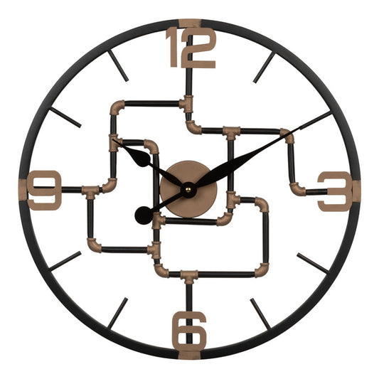 Head-on image of the 404-3420 20-inch Pipeworks Metal Wall Clock featuring an open face dial with a weathered bronze and antique brass finish pipe framework, black decorative metal hour and minute hands, and antique brass numbers at 3, 6, 9, and 12.