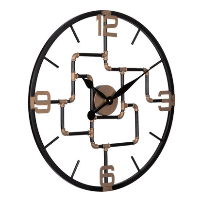 Right-facing image of the 404-3420 20-inch Pipeworks Metal Wall Clock featuring an open face dial with a weathered bronze and antique brass finish pipe framework, black decorative metal hour and minute hands, and antique brass numbers at 3, 6, 9, and 12.