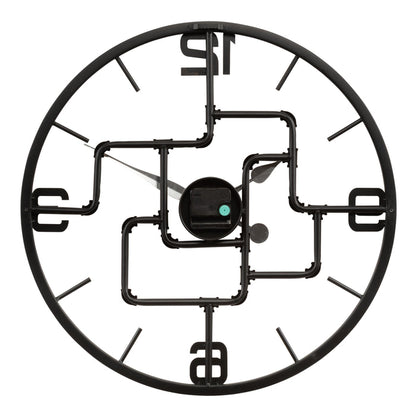 Back image of the 404-3420 20-inch Pipeworks Metal Wall Clock showing the battery compartment, the quartz movement, and the hanging hole.