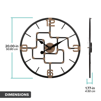 Orthographic dimension image (inches and centimeters) for 404-3420 20-inch Pipeworks Metal Wall Clock featuring an open face dial with a weathered bronze and antique brass finish pipe framework, black decorative metal hour and minute hands, and antique brass numbers at 3, 6, 9, and 12. Text lists 20.00 inches in diameter and 1.77 inches deep.