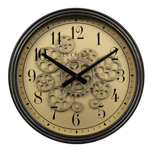Head-on image of the 404-3439 15-inch Moving Gears Wall Clock featuring a metal oil-rubbed antique frame, distressed brushed dial with moving gears, and black numbers and hands.