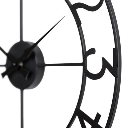 Close-up of the frame of the 404-3451A 20-inch Metal Tower Wall Clock - Arabic. This skeleton tower clock features Arabic numbers, hour and minute hands all constructed in metal.