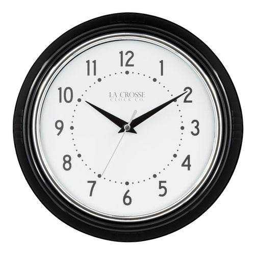 Black and white head-on image of the 404-3624B 9.5-inch Diner Wall Clock featuring a black frame with chrome bezel accent, an off-white dial with black numbers and hour dots, a silver second hand, and black hour and minute hands.