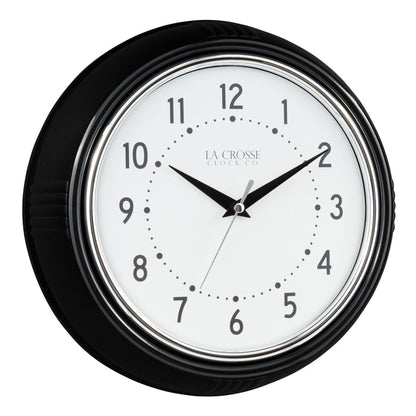 Right-facing image of the 404-3624B 9.5-inch Diner Wall Clock featuring a black frame with chrome bezel accent, an off-white dial with black numbers and hour dots, a silver second hand, and black hour and minute hands.