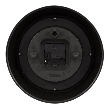 Back image of the image of the 404-3624B 9.5-inch Diner Wall Clock showing the battery compartment, quartz movement, and the hanging hole.