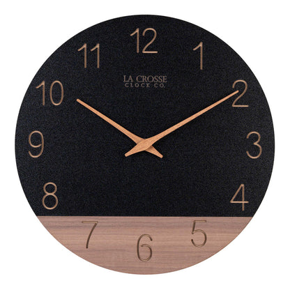 Head-on image of the 404-3630C 12-inch Sierra Wood Wall Clock - Black, the clock features a black and wood split design open-face dial, with laser cut numbers, and wood hour and minute hands.