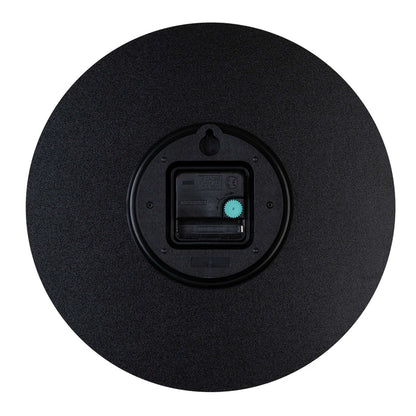 Back image of the 404-3630C 12-inch Sierra Wood Wall Clock showing the quartz movement, the battery compartment, and the hanging hole.