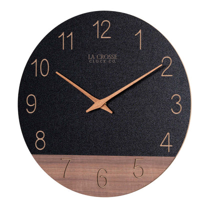 Left-facing image of the 404-3630C 12-inch Sierra Wood Wall Clock - Black, the clock features a black and wood split design open-face dial, with laser cut numbers, and wood hour and minute hands.