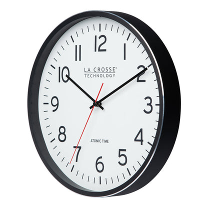 404-3730 La Crosse Technology wall clock with black frame and white face on a white background