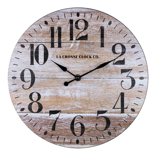 Head on image of the Whitman 404-3828K 11 inch open face wall clock with a weathered wood design dial with black numbers and metal hands