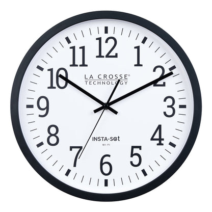 Head-on image of the 404-3836 Insta-Set Wi-Fi Wall Clock for iOS users. The clock features a black flush-mount frame, a white dial with black numbers, and black hands.