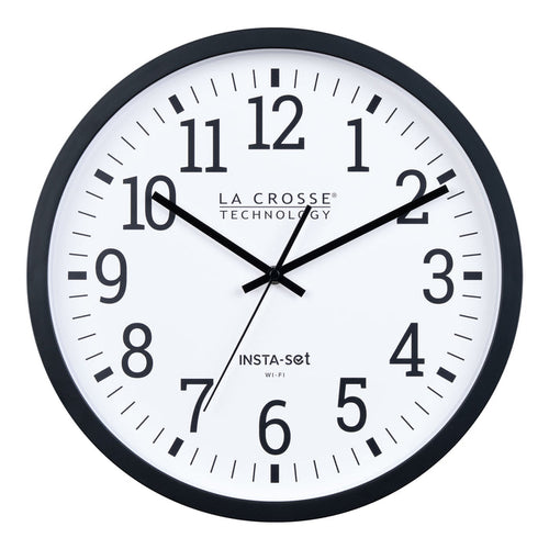 Head-on image of the 404-3836 Insta-Set Wi-Fi Wall Clock for iOS users. The clock features a black flush-mount frame, a white dial with black numbers, and black hands.