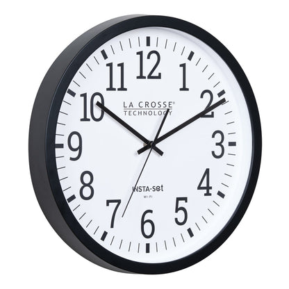 Right-facing view of the 404-3836 Insta-Set Wi-Fi Wall Clock for iOS users. The clock features a black flush-mount frame, a white dial with black numbers, and black hands.