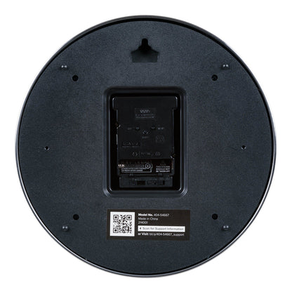Back image of the 404-54667 10-inch Atomic metal Chater Ring Wall Clock showing the battery compartment, atomic quartz movement, and the hanging hole.