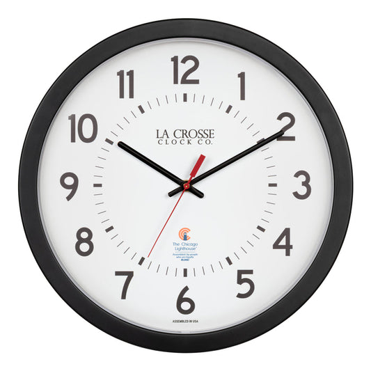 Head-on image of the 404-5537 14.5-inch Wall Clock with black bold numbers, black hour and minute hands, and a red second hand. Two logos apear on the clock, 
La Crosse Clock Co. and Chicago Lighthouse industries - a partner that employs the blind to bring this classic wall clock to consumers.
