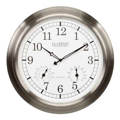 404-80017 17.9-inch Indoor/Outdoor Atomic Analog Wall Clock – Stainless Steel