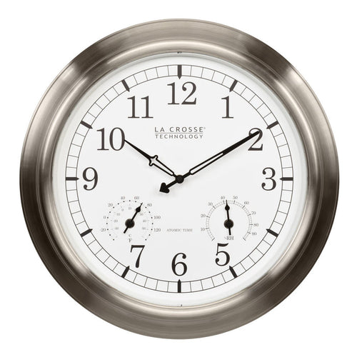 404-80017 17.9-inch Indoor/Outdoor Atomic Analog Wall Clock – Stainless Steel