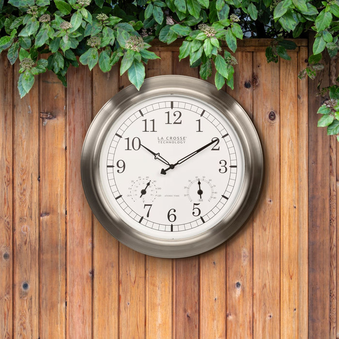 404-80017 17.9-inch Indoor/Outdoor Atomic Analog Wall Clock – Stainless Steel