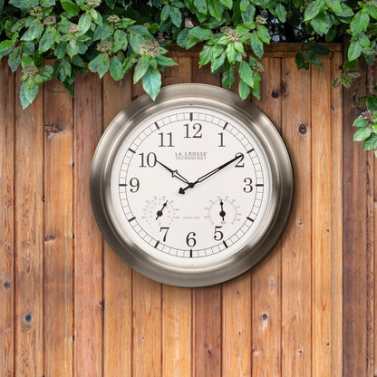404-80017 17.9-inch Indoor/Outdoor Atomic Analog Wall Clock – Stainless Steel