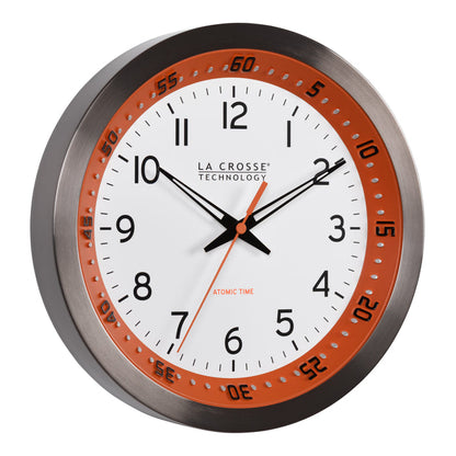 Right-facing image of the 404-87696 10-inch Atomic Metal Wall Clock - Chapter Ring: Orange. The clock features a white dial, an orange chapter ring with seconds indicator, black hands, an orange second hand, and a stainless steel flush-mount frame.