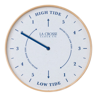 Head-on image of the 425-3831 11.8-inch Tide Wall Clock. The clock features a light wood frame, a white and tan speckled dial, blue numbers, markings, and a blue metal hand.