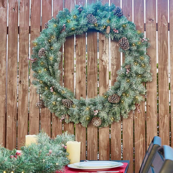42"D Oversized Pre-Lit Glittered Pine Cone Christmas Wreath with 70 Warm White Lights