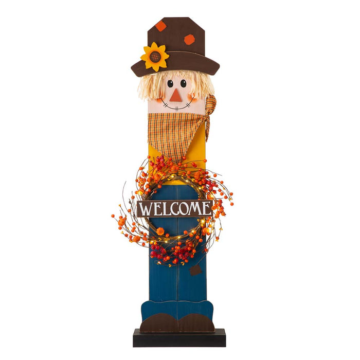 42"H Fall Wooden Scarecrow Porch Decor with A Lighted Wreath